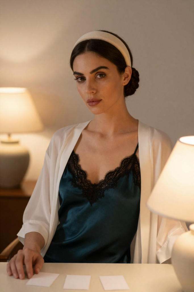 ChuhaiSpot muse in a deep teal silk slip dress seated at a desk under warm lamplight